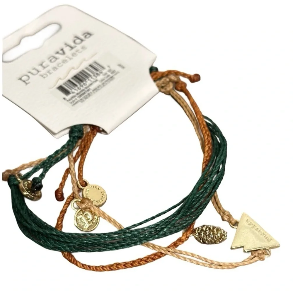 Pura Vida Bracelet Bundle Combo Set of 3. Mountain & Acorn Charms, Woven Green - Picture 3 of 12